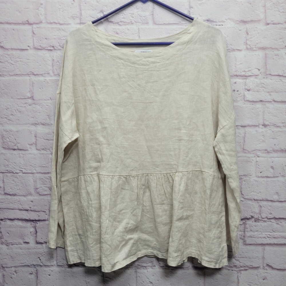 Vanessa Zani Tunic Top Womens Sz L Beige Linen Long Sleeve Blouse Summer Casual‎